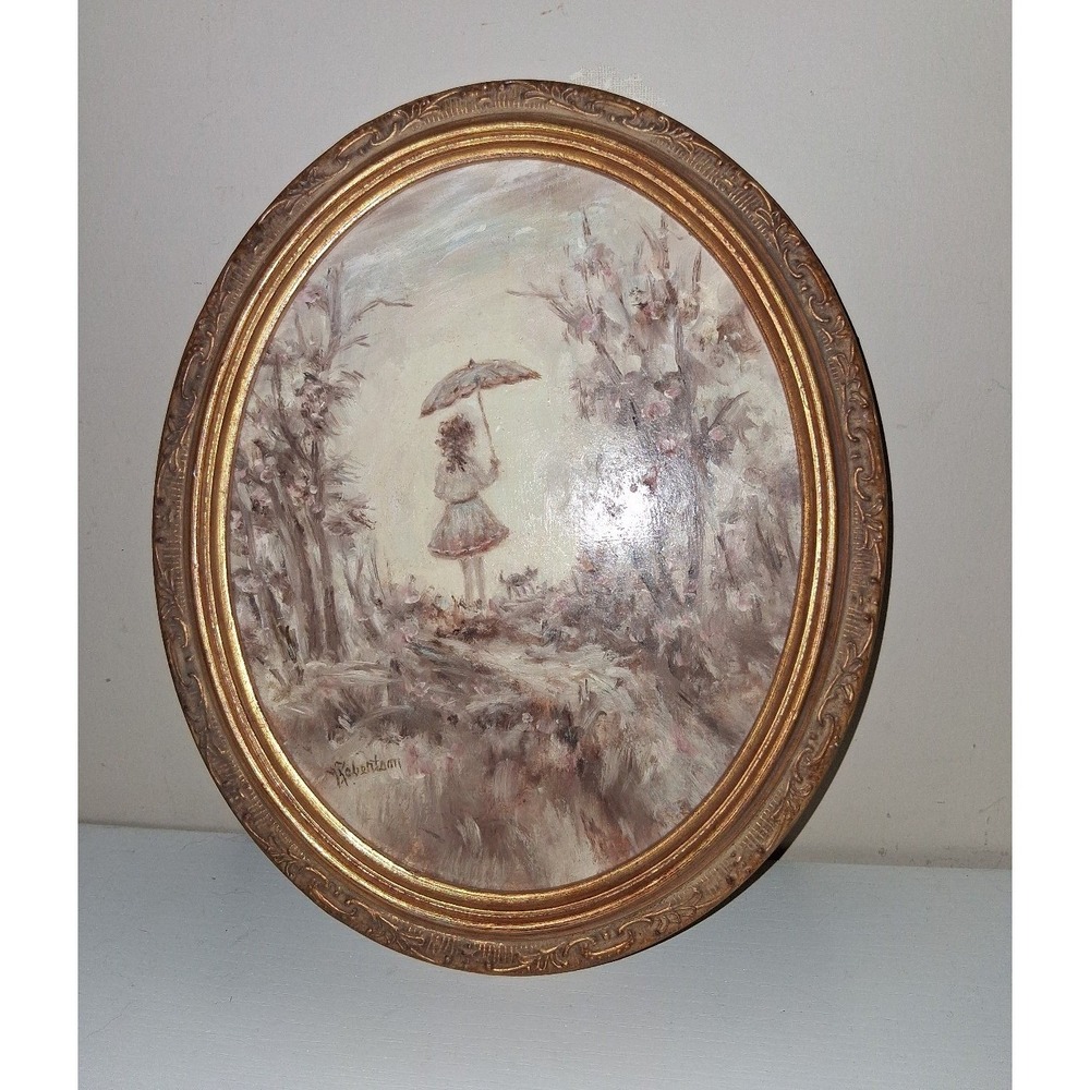 Marie Robertson Original Oil Painting Girl With Umbrella Oval Gold Frame 11.75"